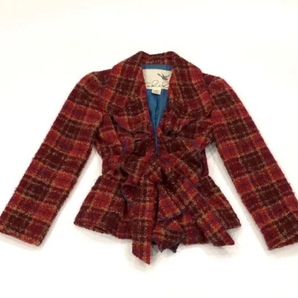 Anthropologie TABITHA Moretown Jacket in Red Plaid size  2 ruffled front